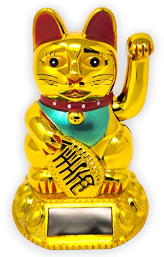 Starlet24® Winkende Glückskatze Winkekatze Lucky Cat Maneki-Neko Winkende Japanische Maneki-Neko (Gold mit Solarzellen, 18cm)