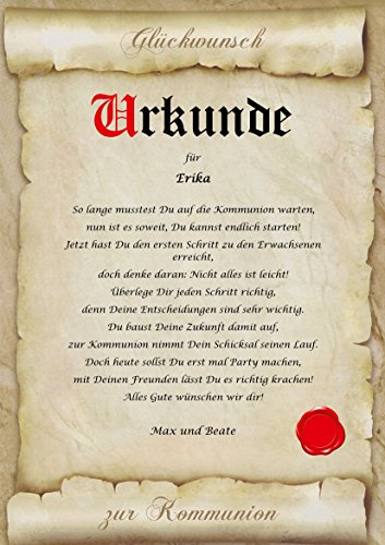 Urkunde personalisiert Geschenk Karte zur Kommunion Pergament A4 Papier Motive