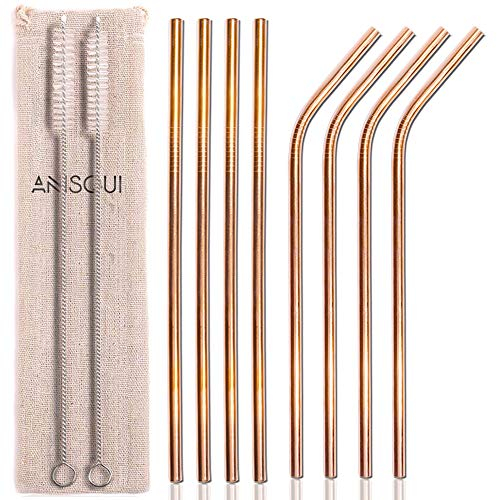 AniSqui 8.5'' Metal Straws Rose Gold, Set of 8 Reusable Stainless Steel Straws and Cleaner, (4 Straight + 4 Bent Reusable Straws Drinking + 2 Brushes)