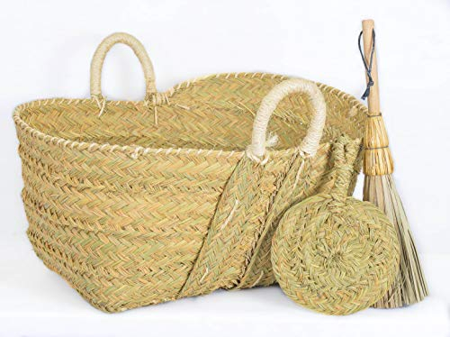 Cestería Aparici - PACK Leñero de Esparto MEDIANO (60cm) + Escobilla y Aventador. Cesto Artesanal para Leña de Chimenea y Almacenaje Rústico. (60x38x30 cm, Ref. 7148-2)
