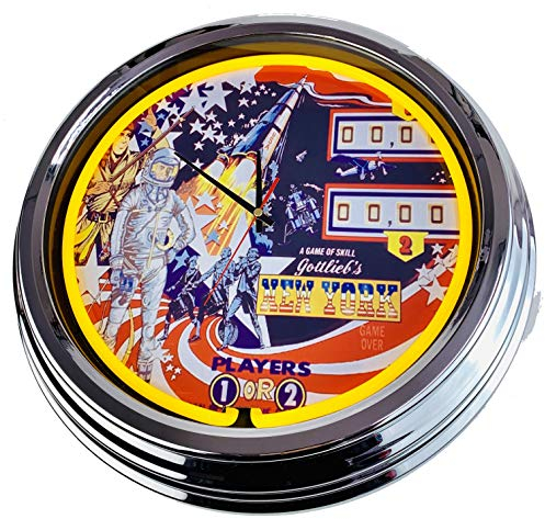 US-Way.de New York Gottlieb 1976 WallClock Deko-Clock – 44 cm Durchmesser, Deko-Wanduhr ohne Tickgeräusche und gut lesbares Display, USA 50er-Jahre-Stil Neon-Uhr für Küche, Büro (Gelb)