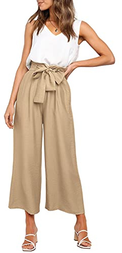 FANCYINN Damen 2 teiliges Crop Pants Set mit weitem Bein Wide Strap V-Ausschnitt Tank High Waist Cropped Paper Bag Hose mit Gürtel Khaki S