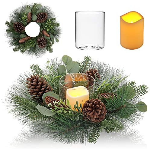 Christmas Wreath, 18/46cm Artificial Advent Wreath for Table Centerpieces with Flameless LED Candle, Glass Holder, Xmas Ornaments for Christmas Decoration or Front Door Home Wall Window Hanging