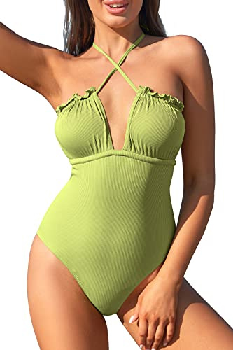 SHEKINI Donna Costume da Bagno Intero Regolabili Cross Ties-up Halter Costumi Interi Elegante Backless Monokini Beachwear（M,Verde）