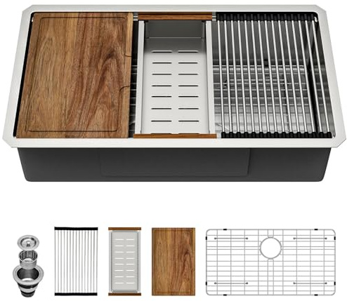 33 Undermount Kitchen Sink - IOROYO 33x19 Undermount Kitchen Sink Workstation Stainless Steel Single Bowl Round Corner Under Counter Sink Basin with Built In Accessories