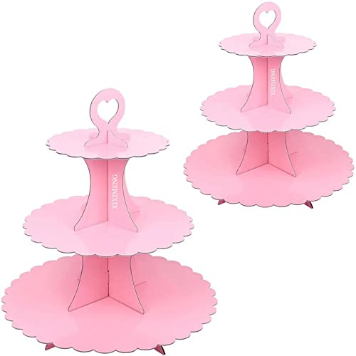 XIXIMENG 2 PACK Cardboard Cupcake Stand 3- Tier lace edge Dessert Stand, Cardboard Cupcake Stand (D-Pink)