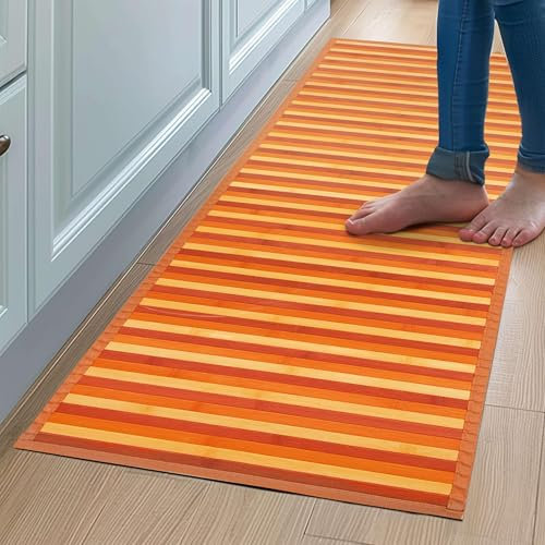 CosìCasa Tapis Cuisine Bambou - 50x75 cm Antidérapant et Résistant à l'eau - Tapis de Bain Bambou en Bois Naturel Durable - Tapis Bambou Salle de Bain Effet Multicolore Facile à Nettoyer - Orange