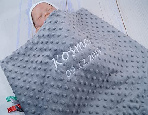 ★ Zweilagige Babydecke mit Namen und Datum bestickt ★ MINKY ★ Baumwolle ★ Füllung ★ (Grau - Sternen)