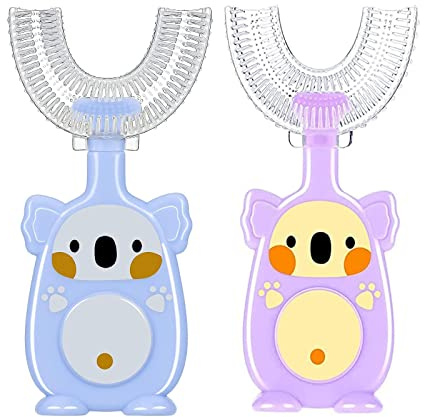Spazzolino da Denti a Forma di U, Spazzolino da Denti a Forma di U per Bambini, spazzolino manuale per pulizia a 360° (blu + viola)