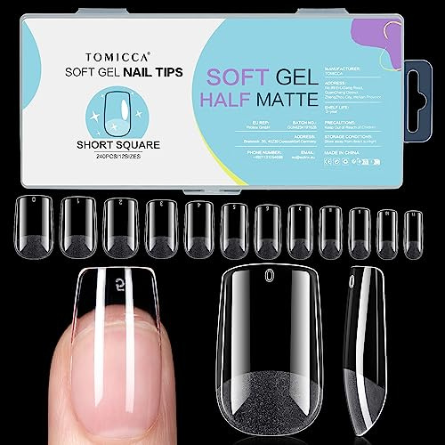 TOMICCA 240 Stück Square Kurz Full Cover Nail Tips für Gelnägel | 12 Größen halbmatt Nagelspitzen, Soft Gel Tips für Gelnägel, für Nagelverlängerung, Nagelstudios und Hause DIY