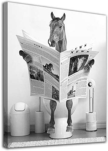Lustiges Pferd Badezimmer Leinwand Wandkunst Schwarz und Weiß Bauernhaus Wanddekoration Pferd Sitzt Auf Toilette Lesen Zeitung Kunstwerk Fertig Zum