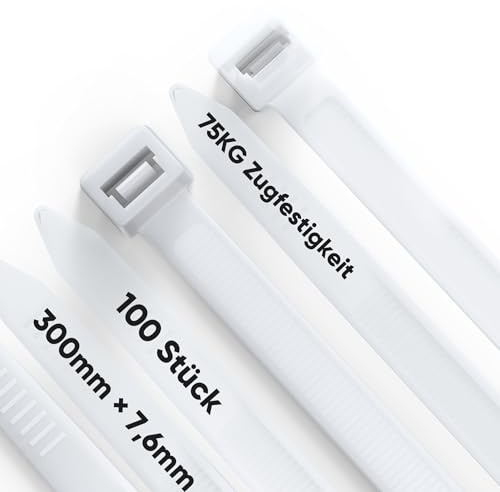Highwings Kabelbinder Weiß 100 Stück 300mm × 7,6mm | Kabelbinder UV-Beständig 75KG Zugfestigkeit ultra stark, Hitzebeständig für Kabelmanagement,Gartenarbeit,Werkstätten