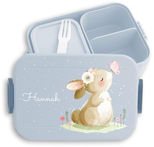 Kinder Bento Box Midi Lunchbox für Mepal Bentobox - Hasen - Brotdose Süßer Hase personalisiert I Langohr I Kaninchen I Rabbit I Süße Tiere - 900 ml - Hellblau - butterbrotdose mädchen