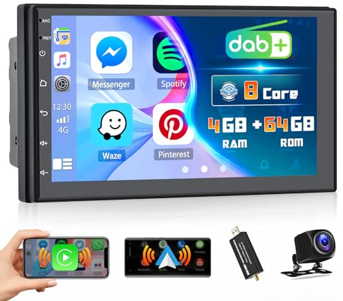 Hikity 【8 Core 4+64GB】 DAB+ Android 15 Autoradio 2 DIN con Wireless CarPlay & Android Auto 7 Touchscreen Stereo Auto con GPS Radio DAB RDS FM DSP WiFi + Retrocamera