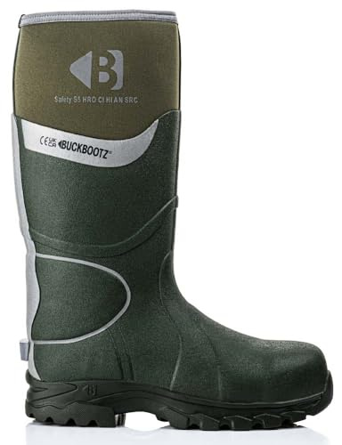 Buckbootz BBZ8000 GREEN BUCKLER SAFETY REFLECTIVE FULL SAFETY WELLINGTON BOOT ANKLE PROTECTION & SUPPORT WATERPROOF METAL FREE (Green, UK Footwear Size System, Adult, Men, Numeric, Wide, 9)