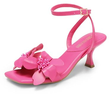 DREAM PAIRS Women's Flower Wedding Heels Cute Square Toe Slingback Low Kitten Heels Sandals with Ankle Strap,Size 7.5,Hot Pink-Pu,SDHS2436W