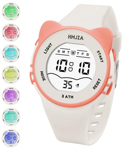 HMJIA Orologio e Collane per Bambina con Motivo Gatto 3ATM Impermeabile con luce Cronometro Allarme per Orologio Digitale Bambina Orologio bambini da 3 a 12 Anni (Bianco)