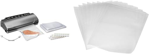 Caso VC 10 Plus Edition - inkl. großem Zubehör Set, 30 cm Schweißnaht, variable Vakuumstärke, Vakuumpumpe 9 L/min, grau, silber, 1er Pack & Amazon Basics Vakuumierbeutel 22cm x 30 cm, 50 Stück