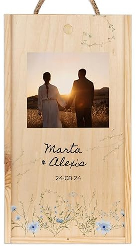Wanapix | Weinkiste mit Wunschtext und Fotos | Holzbox mit Schiebedeckel und Griff | Für 2 Flaschen | Geschenk zur Hochzeit | 20,5 x 38 x 10,5 cm