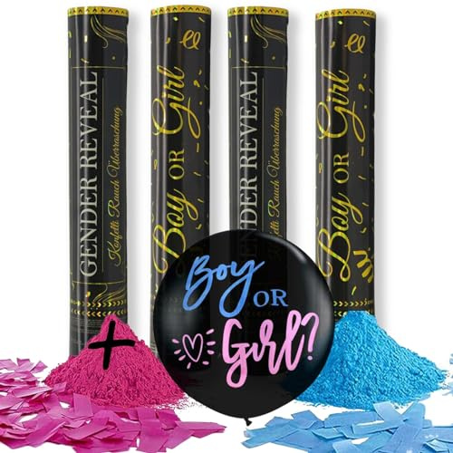 D2D | Gender Reveal Komplett Paket - 2 Kanonen in Blau & 2 Kanonen in Rosa - Incl. Gender Reveal Ballon in XXL - Boy or Girl - Baby Shower Party - Party Popper (SET)