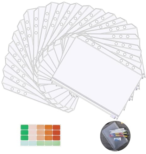 YIWONFU 20 Stück A6 Binder Taschen, 6 Löcher PVC Bindertaschen 18 x 10.4 cm Durchsichtige Reißverschluss Lose Blätter Taschen für Dokumente, Notizbücher, Karten, Foto, mit 1 Klebeetiketten
