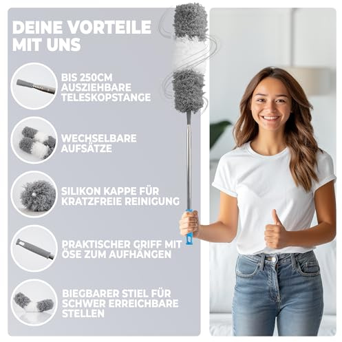 GlanzPure Staubwedel Teleskop-lang ausziehbar bis 2,5m und waschbar,biegbarer und kratzfreier Staubwischer mit Teleskopstange,Spinnenwebenentferner für hohe Decken,Mikrofasern Staubmagnet