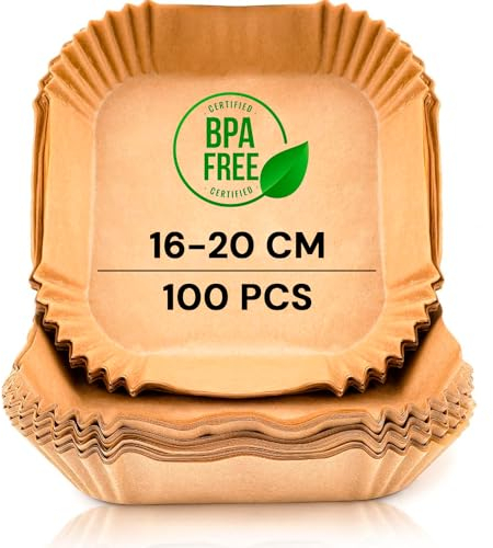 edihome, Papel Freidora Aire, Air Fryer, 100 Unidades, 20-24 cm, BPA Free, Desechable, para Horno, Accesorios para Freidora sin Aceite de 5 a 8 litros (16-20 cm, Cuadrado)