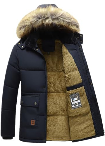 ANUFER Hombres Termal Invierno Chaqueta Parka Forro de Pelusa Gruesa Acolchado de Algodón Abrigo con Capucha de Piel Desmontable SD5A0831 Azul Marino 4XL