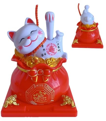 Bras qui agite le chat chanceux : chat qui agite la fortune à l'énergie solaire sans effort | Statue de chat de la fortune à l'énergie solaire, mignon chat saluant, statue de voiture de chat de bue
