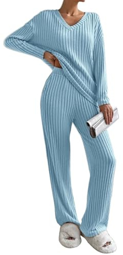 Yutdeng Tuta Donna 2 Pezzi Set Maniche Lunghe con Scollo a V e Pantaloni a Gamba Larga con Tasche Casual Completo Sportiva Set Pigiama a Costine Tuta da Ginnastica,da Jogging,da Casa,Blu,S