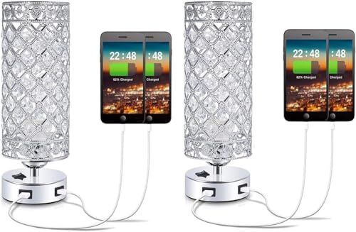 Crystal Table Desk Lamp,Set of 2, Modern Bedside Table Lamp, Nightstand Decorative Room Table Lamp, Sliver Lamp Shade Night Light Fixture for Living Room/Bedroom/Dining