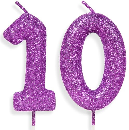Zolunu Bougie d'anniversaire en forme de chiffre 10 à paillettes pour filles et femmes - Violet et rose - Décorations de fête à thème - Cadeaux d'anniversaire