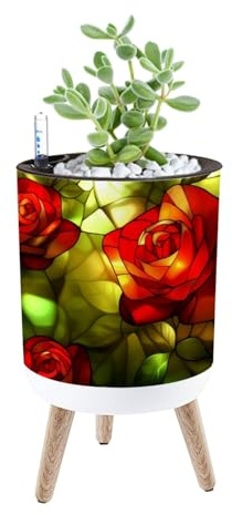 Planter with Stand Stained Glass Floral Rose Red Roses Green Leaves Backlit Illumination 8.6 Self Watering Plant Pot with Legs Water Level Indicator & Water Inlet Lazy Flower Pot Indoor Modern Decor