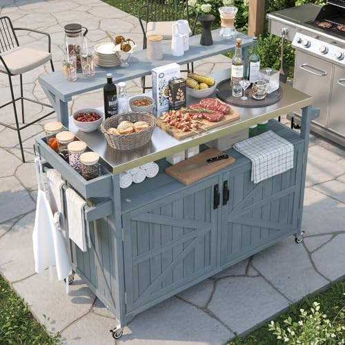 Merax 53.3 Outdoor Kitchen Island with Raised Shelf, Solid Wood Storage Cabinet with Stainless Steel Top, Rolling Grill Cart, Adjustable Shelf, Grey Blue