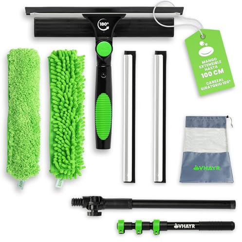 VHAYR Nettoyeur de vitres télescopique 110 cm | Nettoie vitres professionnel à double fonction | Raclette lave-vitres en caoutchouc | Pièces de rechange en microfibre et chenille