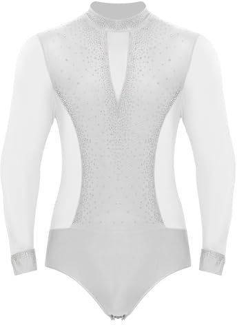 TiaoBug Herren Langarm Latein Body mit Strasssteine Rollkragen Ballettanzug Transparent Mesh Spleiß Ballett Trikot Pailletten Gymnastik Leotard Tango Kostüm Weiß S