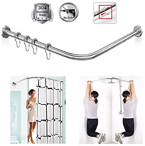 WWERTYY Gebogene Duschvorhangstange, U-förmig, ohne Bohren, für Badezimmer, Badewanne, Badevorhangstange, ausziehbar, verstellbar, Edelstahl 304, für Eckbekleidungsgeschäfte, 90 bis 130 x