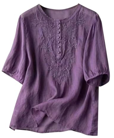 Chemisier Coton et Lin Manches Courtes pour Femme Blouses Ample Col Rond Tunique D'été Bohème Folklore Vintage Broderie Top Hauts Lâche Respirant T-Shirts Grande Taille Pas Cher Tunique Blouse Mode