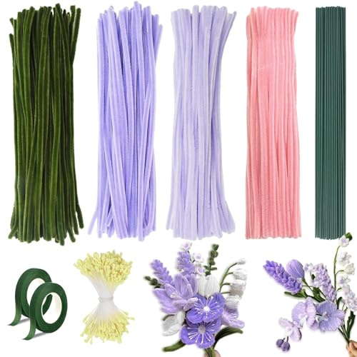 Barlone 400 Stück Pfeifenputzer zum Basteln Blumen, 4 Farben Pfeifenreiniger Blumen Set, mit Blumendraht, Kreppband, Blumen Staubblatt für Blumenstrauß DIY, Pfeifenreiniger Zum Blumen Basteln