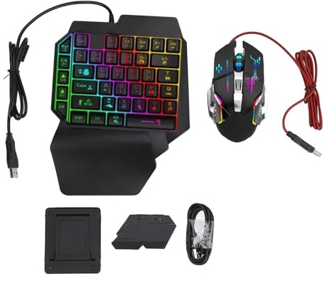 XUMIUZIY One Handed Gaming Keyboard and Mouse Combo, Wired 39 Keys Mechanical Keyboard and RGB Gaming Mouse, 4 in 1 Mobile Game Combo Pack with Adjustable Phone Stand