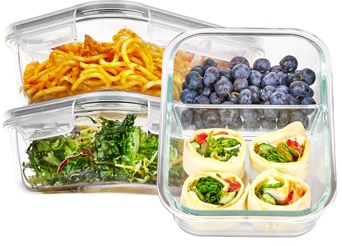 Vtopmart 3Pack 975ml Meal Prep Boxen | Glasbehälter mit Deckel, Frischhaltedosen Glas mit Deckel für Mikrowelle, Ofen, Gefrierschrank und SpüLmaschine