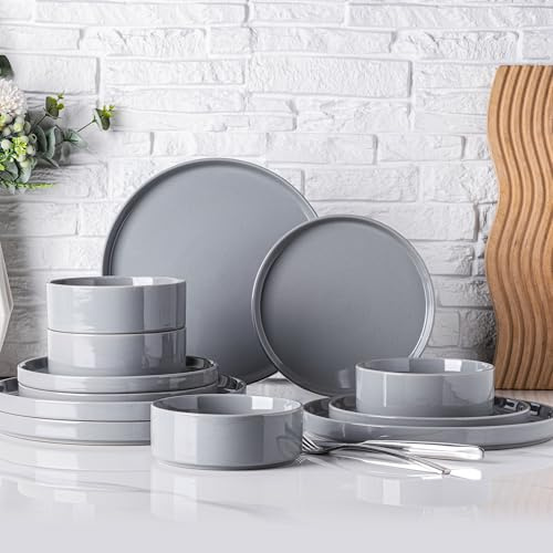 GBHOME Geschirrset für 4 Personen, 12-teiliges Steingut-Set mit gesprenkeltem Design & glasiertem Boden, kratzfest & splitterfest, spülmaschinenfest & mikrowellengeeignet，Kalkstein
