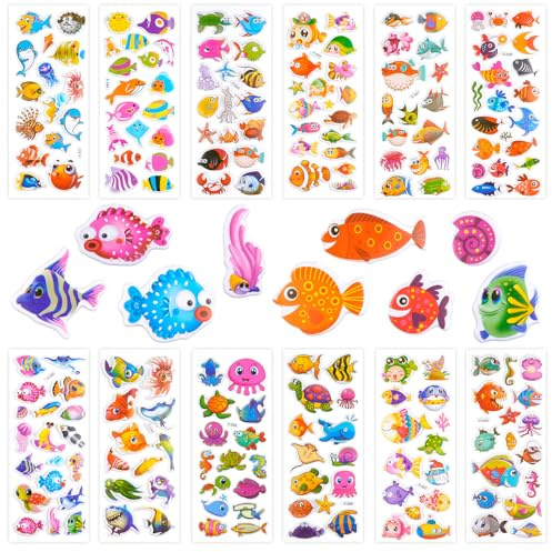 3D Aufkleber für Kinder, Fisch Sticker Kinder 12 Blätter | Geschwollen Stickers für Jungen Mädchen Lehrer, Kindergeburtstag Gastgeschenke Party