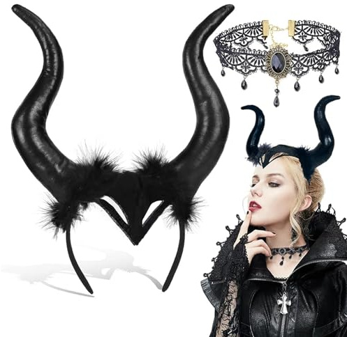 CHAOTEMAI Dämonen Hörner Königin Mit Retro-Gothic-Spitzenkette Hörner Kopfschmuck Schwarz Halloween Hörners Teufel Teufelshörner Halloween Kopfschmuck für Cosplay Mottopartys Teufel Hexe Königin