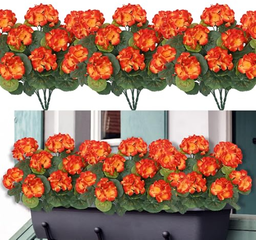 Weldomcor Lot de 3 paquets de fleurs artificielles - Pour l'extérieur et l'intérieur - Décoration de fleurs de géranium artificielles résistantes aux UV - Pour jardin, véranda, fenêtre, boîte - Orange