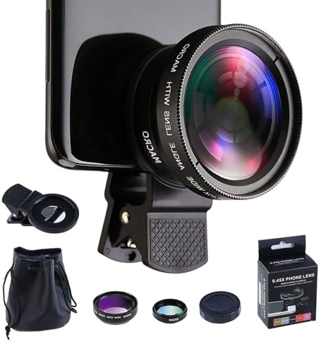 2-in-1 Mobile Phone Camera Lens, 15X Macro Lens and 0.45X Wide Angle Lens Lens, Universal Mobile Phone Lens Set, Clip-on Camera Adapter for Most Smartphones