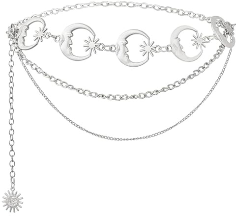 YOGAZEN Damen Boho Kettengürtel, Ausgehöhlter Sterne und Mond Verstellbare Taillenkettengürtel, CowgirlGürtel Schmaler Vintage Gürtel Metallbund Kleidergürtel für Konzert Outfit (Silber)