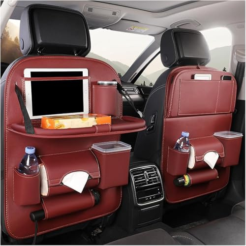 Car Backseat Organizer for Toyota Runner Sequoia RAV4, Universal Leather Car Seat Organiser With Foldable Table Tray Multifunction Storage Pocket With Tablet Holder,Wine-Red-2pcs