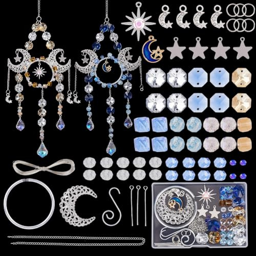 SUNNYCLUE 1 låda gör-det-själv 2 set solfångare tillverkning kit kristall solfångare vintage blå orange fasetterade glas pärlor sol måne stjärna hängande solfångare regnbågstillverkare för fönster hem