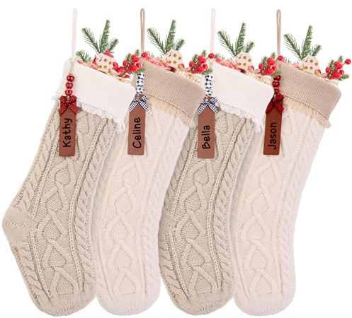 Relosy Weihnachtsstrümpfe, Kamin, Weihnachtsbaumschmuck, Ornamente für Urlaub, Familie, Freunde (V-weiß/braun, 4 Stück)